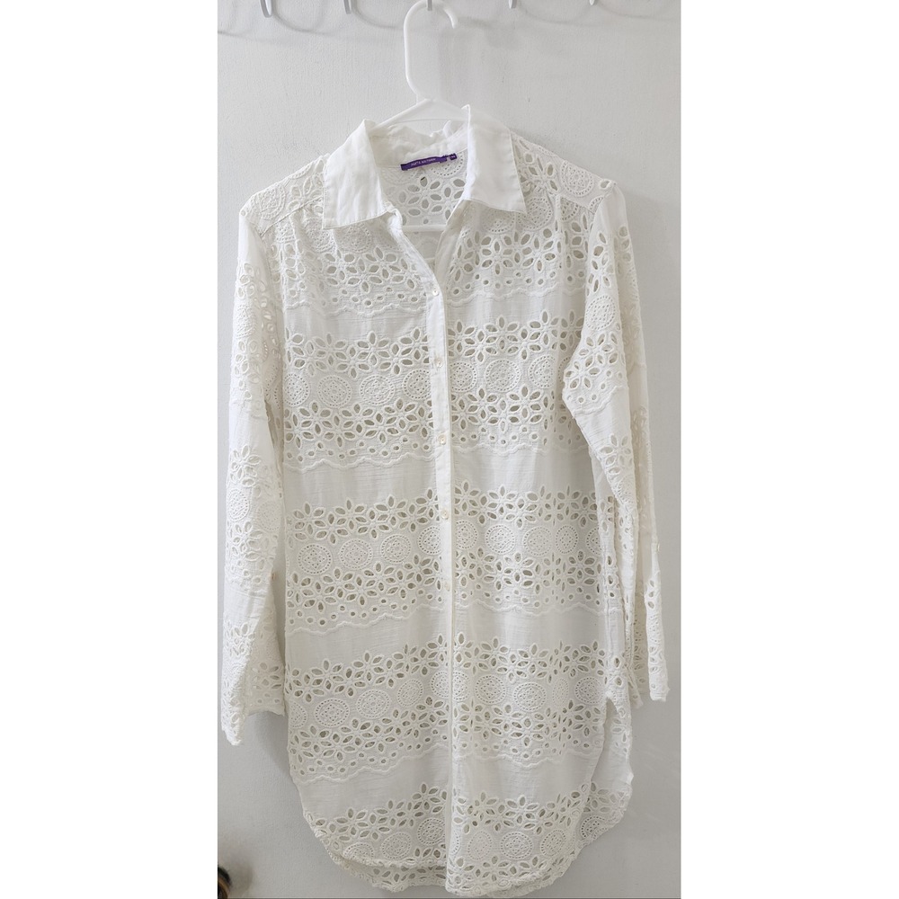 Amita Naithani White Eyelet Lace Button Down Tunic Shirt XS Long Sleeve‎ Floral